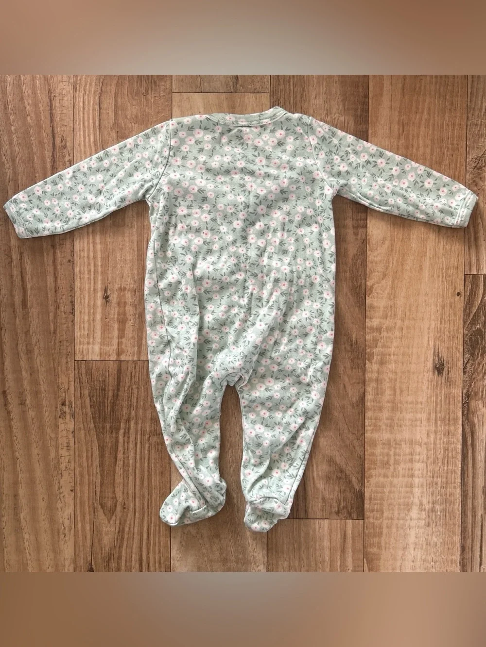 Baby Girl Green & Coral Pink Floral Print Footed Sleeper size 6-9 months